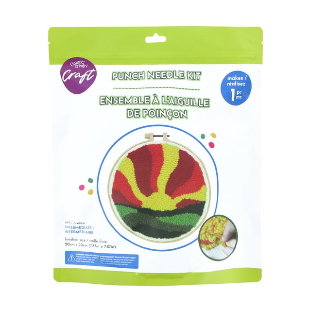 UNIQUE CREATIV CRAFT Punch Needle Kit for intermediate crafters aged 8+, featuring a 20×20 cm sun design in red, yellow, and green yarn within a wooden embroidery hoop, packaged in a resealable bag with bilingual English and French instructions, suitable for creative arts and crafts projects.