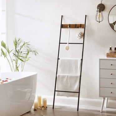 VASAGLE Blanket Ladder 5-Tier Ladder Shelf Decorative Ladder with 4 Removable Hooks Metal Frame Industrial Style Rustic Brown and Black ULLS016B01