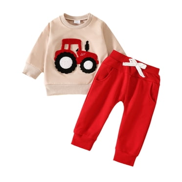 LUOGENLI 2 Pieces Set Boys Tractor Jogging Suit Long Sleeve Sweatshirt Trousers Toddler Outfit Set Pullover Trousers Two Piece Set Tracksuits Set Red 12-18 Months