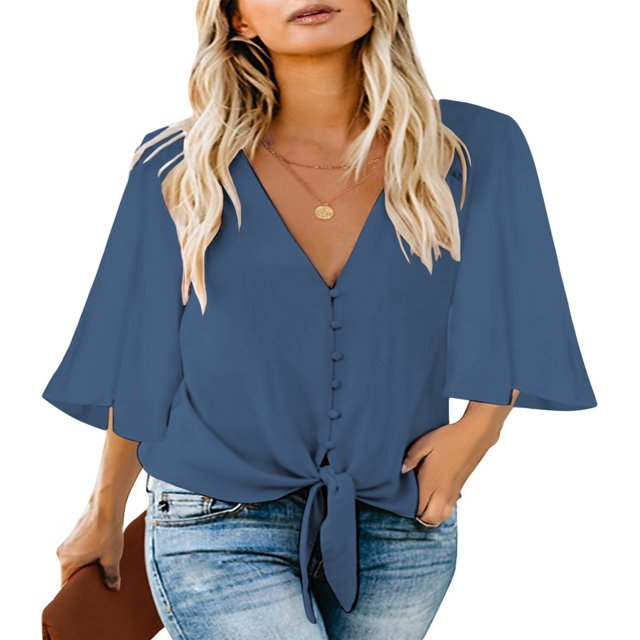 CHUANK Women‘s Button Down V Neck Tops Ruffled 3/4 Sleeve Tie Knot Front Blouses White Sizes S-2XL