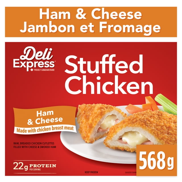 Deli Express Poulet Farci au Jambon et Fromage Montrant Deux Escalopes de Poitrine de Poulet Panées Remplies de Fromage Fondu et de Jambon Fumé sur une Assiette Blanche avec Bâtonnets de Carotte et de Céleri, Contenant 22 g de Protéines par Portion et Poids net de 568 g, Idéal comme Repas Pratique frozen.