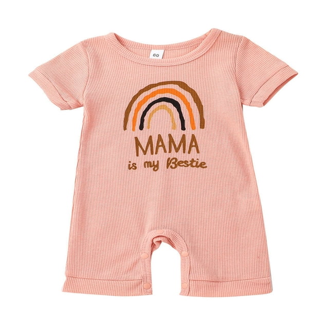 Baby Romper Letter Rainbow Print Crew Neck Short Sleeves Breathable with Bottom Snaps Jumpsuit