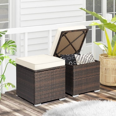 Gymax 2 Pcs Poufs d'Extérieur pour Patio Repose-Pieds en Rotin PE Tressé à la Main avec Coussins Amovibles Blanc Cassé