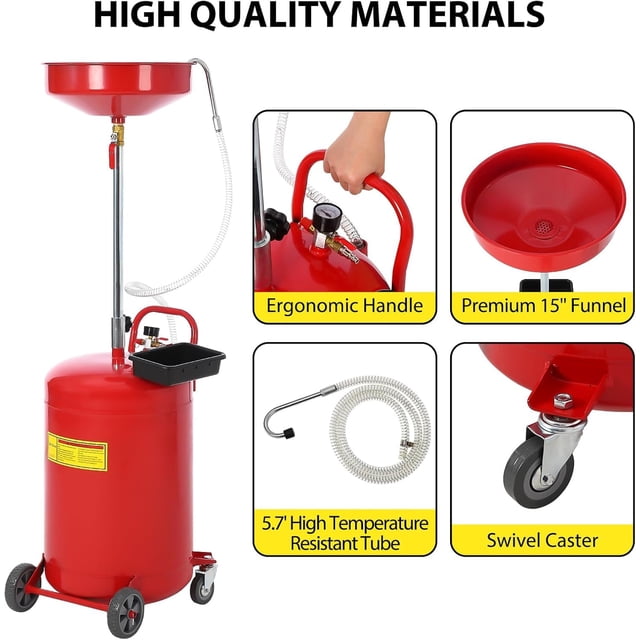 GloryStar 20 Gallon Waste Oil Drain Tank, Air Operated Portable Oil Drainer with Adjustable Funnel, Fluid Fuel Transfer Drainage with Wheels, Oil Change Container for Automotive Workshops