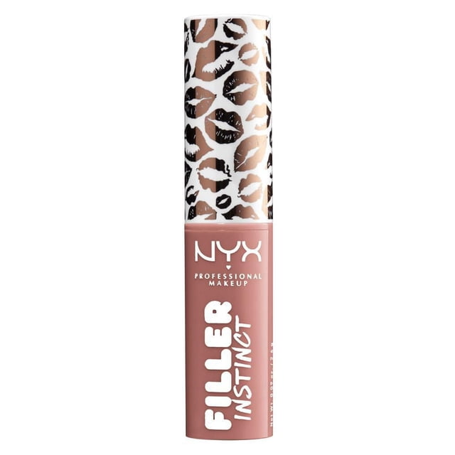 NYX Professional Makeup Filler Instinct Plumping Lip Colour, 2.5 mL, in a tube with a dusty rose base and white bold text, topped with a white cap featuring black and brown lip print patterns, providing semi-sheer, shiny hydration and plumping for lips.