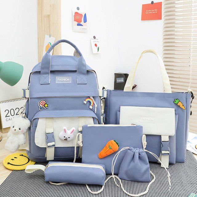 Sac à dos pour Femmes 5 en 1 en Nylon Imperméable Grande Capacité Sacs à dos de Rangement Pendentif Mignon Sac d'École Sacs à dos Multifonctions Sac à dos scolaire