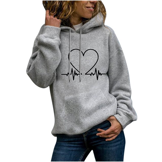 Penkiiy Chandails à Capuchon pour Femmes Hiver Chandail à Manches Longues Imprimé Col Rond Chandail à Capuche Gris Vêtements Y2K