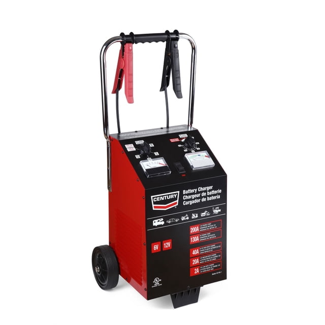 Chargeur de Batterie à Roulettes Century, K3149-1, Chargeur de Qualité Industrielle avec Boîtier Métallique Rouge et Noir, Deux Mètres Analogiques et Boutons de Commande sur le Dessus, Pinces Isolées Rouges et Noires Robustes Fixées à une Poignée Chromée, Monté sur Deux Grandes Roues Semi-Pneumatiques, Prend en Charge les batteries 6V et 12V avec Démarrage du Moteur 200A et Multiples Réglages de Charge, Idéal pour l'Entretien et les Essais de Batterie Automobile.