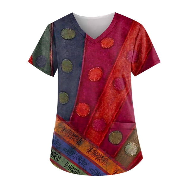 LSLJS Women's Fashion Short Sleeve V-Neck Tops Working Uniform Printing Pocket Blouse Tops, Womens Plus Scrubs