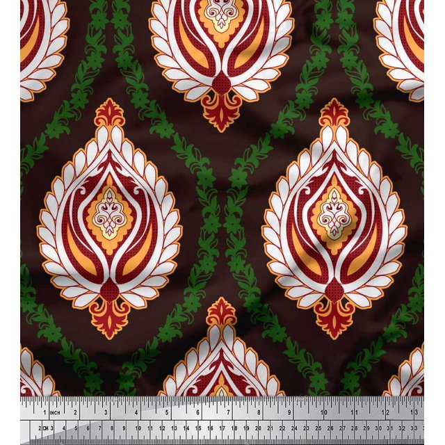 Soimoi Brown Modal Satin Fabric Floral Damask Decor Fabric Printed Yard 42 Inch Wide