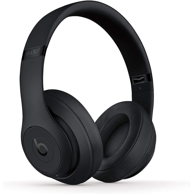 Beats Studio3 Wireless Over-Ear Headphones in black, refurbished in good condition, featuring Pure Adaptive Noise Canceling (Pure ANC) technology, up to 22 hours of battery life, Apple W1 chip for efficient Bluetooth connectivity, and multifunction on-ear controls for calls, music, and Siri activation.