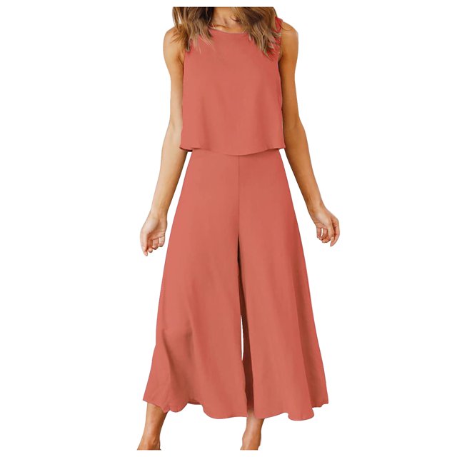 Mikilon Ensemble Élégant pour Femmes 2 Pcs Col Rond Sans Manches Shorts Haut Plus Pantalon Large Coton et Lin Col Rond Sans Manches Shorts, Pantalons Jambes Élargis, Ensemble Pantalon Long Rouge TG