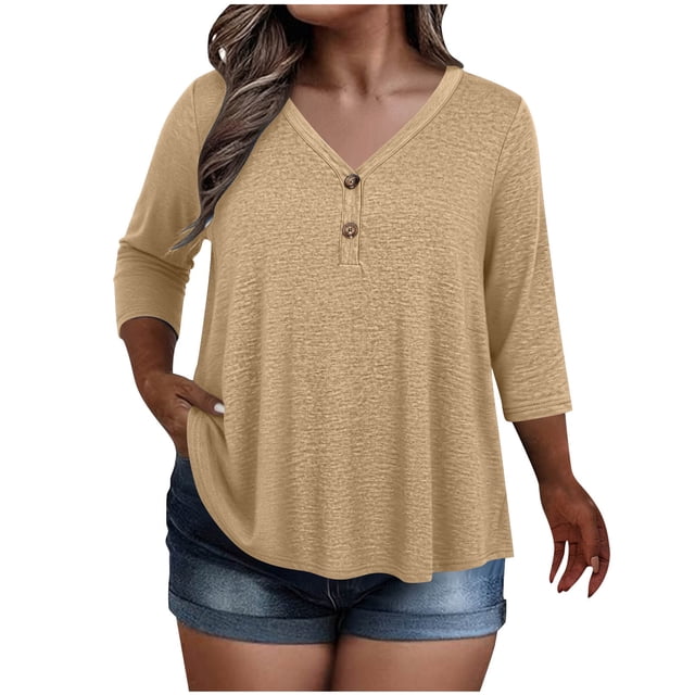 KyCheLot Hauts à Col en V pour Femmes Automne à Boutons Grande Taille Manches 3/4 Couleur Unie Vêtements Confortables Amples Hauts de Randonnée