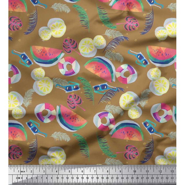 Soimoi Satin Silk Fabric Fruits,Swim Ring & Goggles Summer Designs Decor Fabric Printed Yard 42 Inch Wide