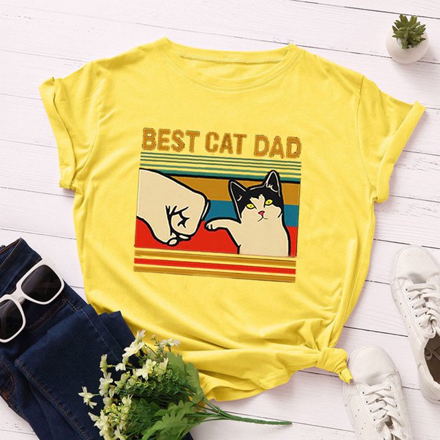 MesaSe Femmes Chat Lettre Impression Chemise à Manches Courtes Tops Blouse