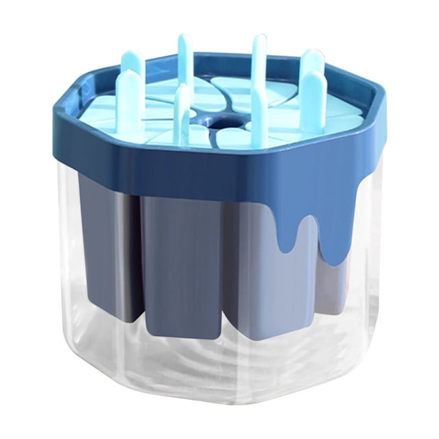 Birdeem Homemade Ice Cream and Ice Set Multi-Layer Integrated Popsicle and Popsicle Maker Large Capacity Ice Storage Box. A kitchen gadget featuring a blue lid with integrated popsicle molds and handles, ideal for making homemade ice cream or popsicles. The transparent plastic base offers large capacity ice storage. Compact size of 5.1 x 5.1 x 4.3 inches, crafted from food-grade plastic materials.