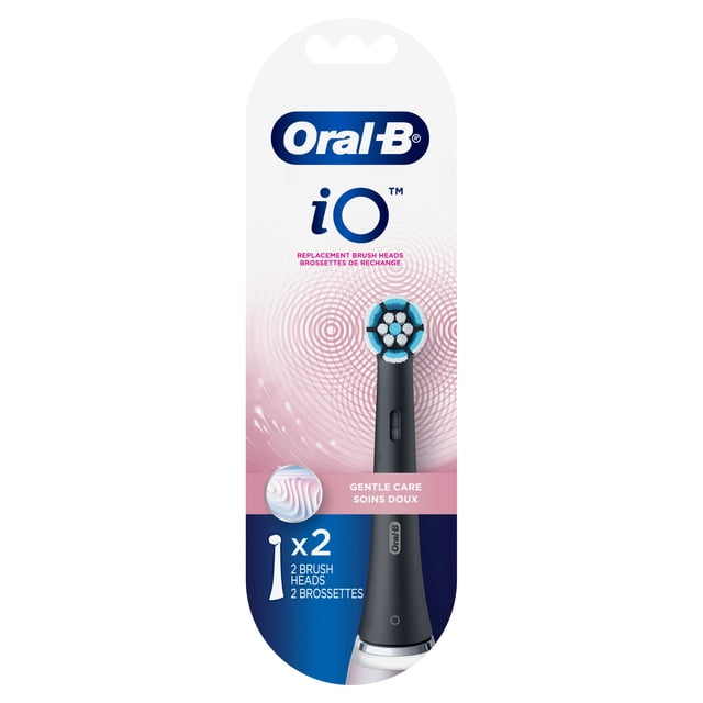 Oral-B iO Gentle Care Replacement Heads electric toothbrush brush heads in black with high-density extra soft bristles designed for gentle cleaning and precision fit, includes two brush heads compatible with Oral-B iO electric toothbrush handles, recommended replacement every three months.