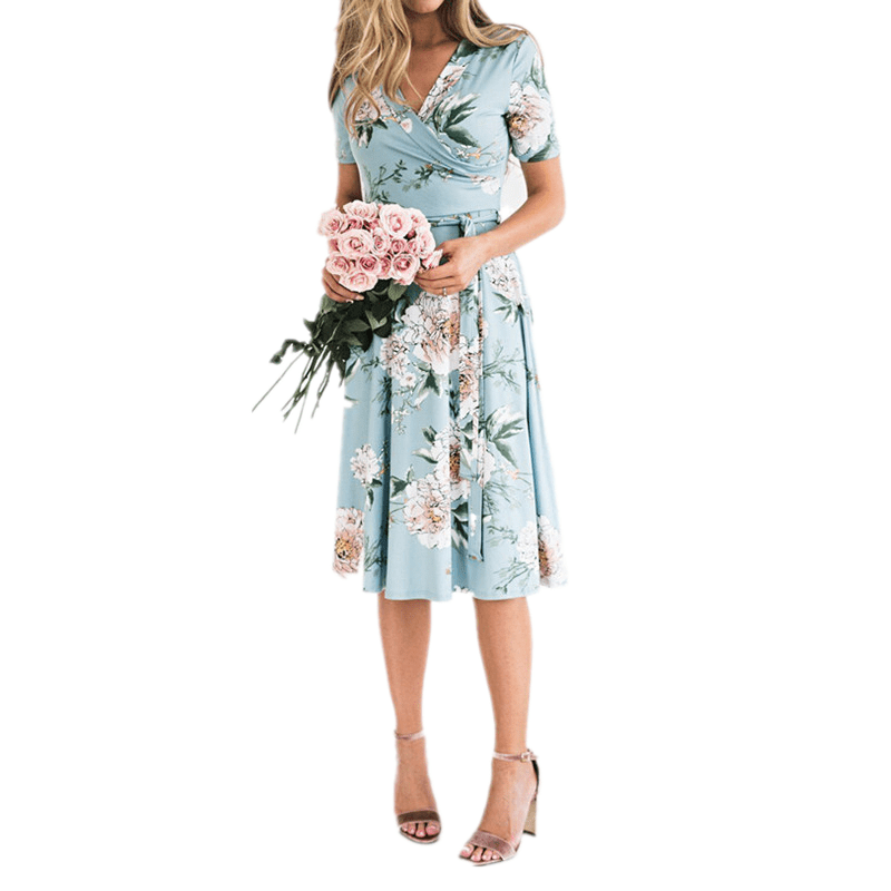 Fortune Robe d'Été Bohème à Fleurs pour Femme, Col en V, Ample, Ceinturée, Midi