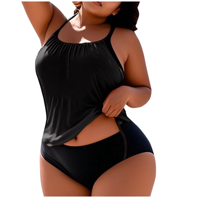 FAVIPT Plus Size 2 Piece Bathing Suit for Women Tummy Control Ruched Swimsuits Tropical Beach Drawstring Tankini Black,XXXXXL