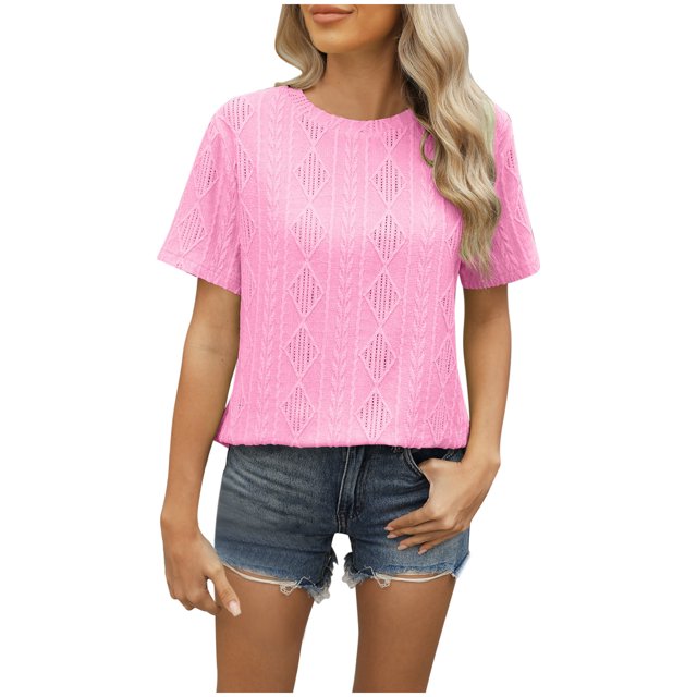 Besolor Hauts d'Été pour Femmes Décontractés Col Rond Manches Courtes Chemises Bouton Arrière Texture Crochet Tricot Blouses