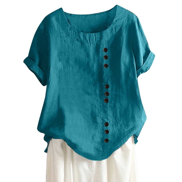 Meichang Plus Size Linen Shirts for Women Short Sleeve Cotton Linen Tops Loose Casual Crew Neck T Shirts Comfy Lightweight Summer Tops