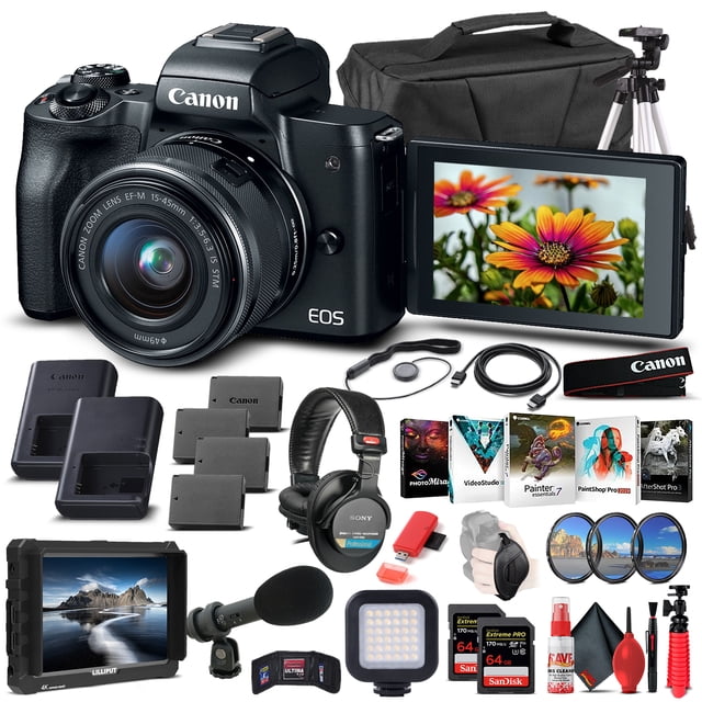 Canon EOS M50 Mirrorless Camera W/ 15-45mm Lens Black 2680C011 - Pro Bundle