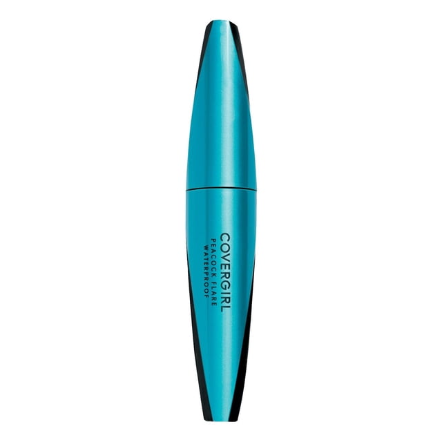 COVERGIRL Peacock Flare Mascara in a turquoise tube with black accents, featuring a waterproof formula and a soft-grip handle for precise control and volume boosting, ideal for creating a full fan of lush lashes in eye makeup.