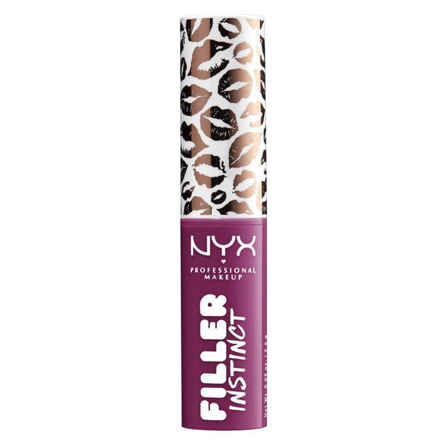 NYX Professional Makeup Filler Instinct Plumping Lip Colour, 2.5 mL, in a purple tube with a white cap decorated with brown and black lip prints, a semi-sheer lipstick with a shiny finish infused with hyaluronic acid and ginger for 8 hours of hydration and plumping.