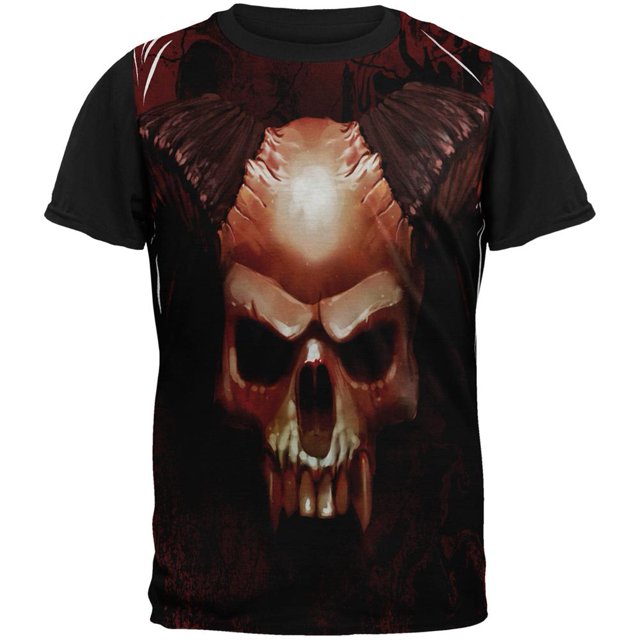 Halloween Horned Demon Skull From Hell All Over Mens Black Back T Shirt