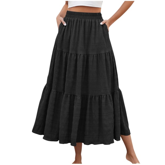 Tumotour Summer Skirt For Women Casual Maxi Skirt A-Line Flowy Ruffle Tiered Elastic High Waist Beach Floral Long Skirts With Pockets