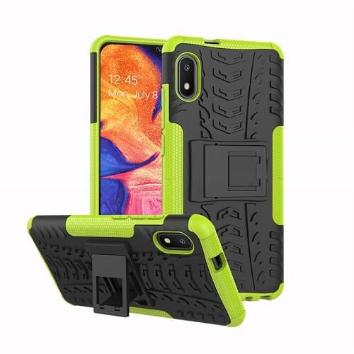 Samsung Galaxy A10e Green Case Shockproof Heavy Duty Tough Kickstand Protective Rugged Case Cover. The case features a dual-tone design with a black textured back and green accents along the edges. It includes a built-in kickstand for horizontal viewing and reinforced bumpers on all four corners for added drop protection. The precise cutouts allow easy access to all buttons, ports, and controls. Made of high-quality materials, it provides protection against scratches, bumps, dirt, and fingerprints.
