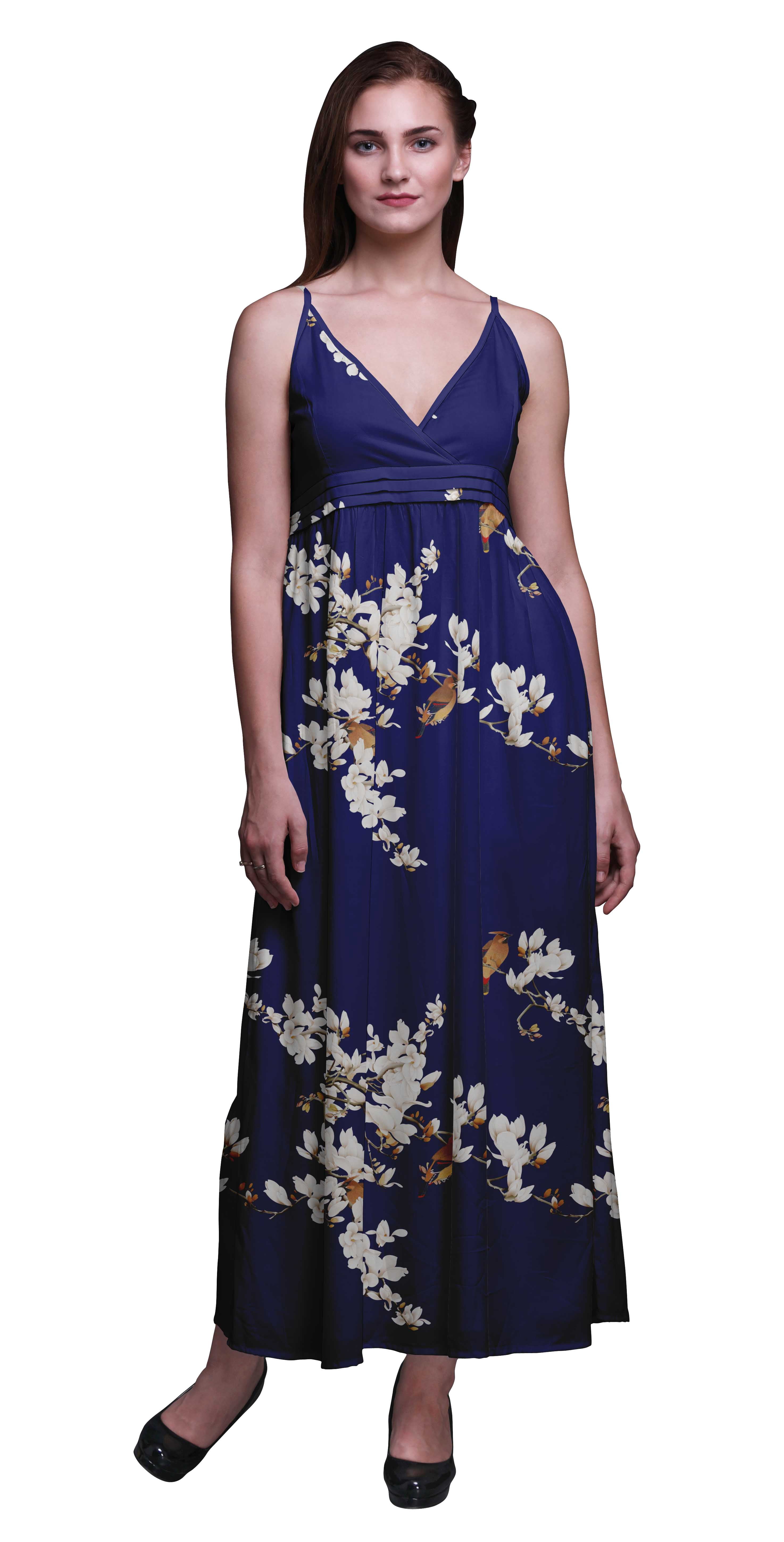Bimba Robe Longue Maxi à Bretelles Spaghetti Ajustables Imprimée d'Oiseaux, Tenue de Plage d'Été - Petit Bleu Marine