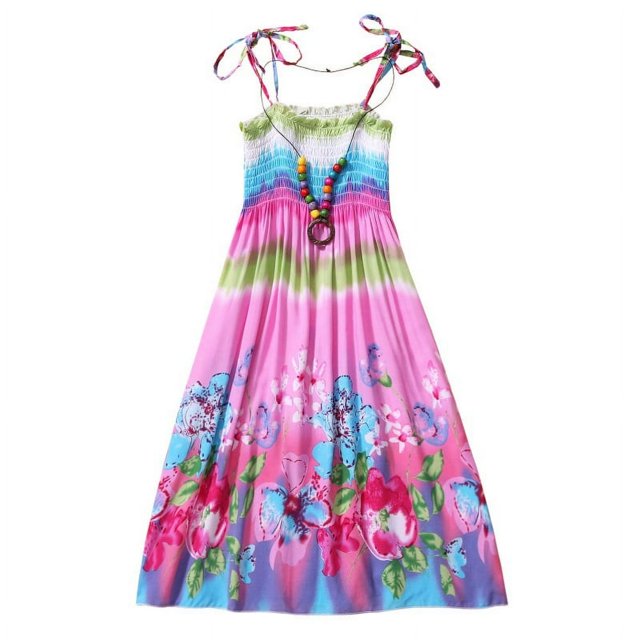Robe d'Été Filles Robe de Fleurs Enfants Fille Belle Robe Bohème Plage Robes de Coton Sans Manches Arc-en-Ciel Robe de Soleil avec Collier 2-10 Ans