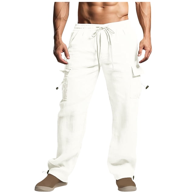 XZNGL Mens Cotton And Linen Drawstring Elastic Waist Multi-Pocket Casual Crgo Pants