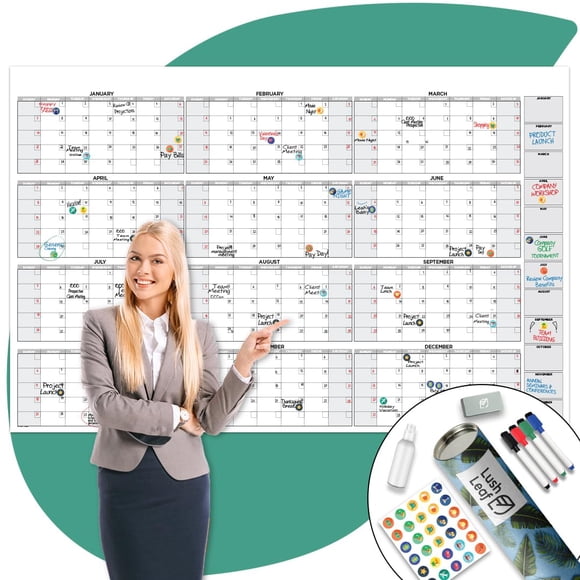 Grand Calendrier Mural Effaçable à Sec - 38 Pouces x 58 Pouces - Tableau Blanc Pleine Année 12 Mois pour Bureau, Maison et École - Géant, Laminé et Réutilisable