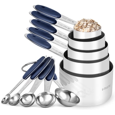 U-Taste 18/8 Ensemble de Tasses et Cuillères à Mesurer en Acier Inoxydable : 10 Pcs Empilables en Métal pour la Cuisine, la Pâtisserie et la Cuisson, Ensemble de Mesure des Aliments 5 Tasses 5 Cuillères avec Joints de Soudure Renforcés (Bleu Minuit)