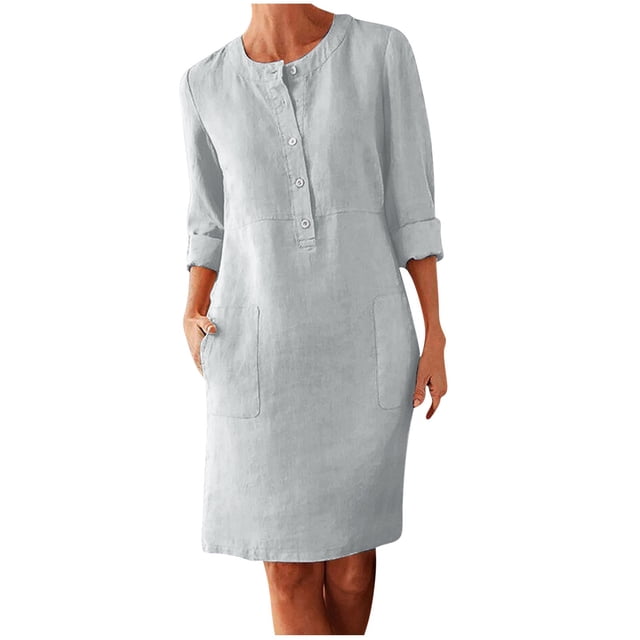 Daiosportswear Robe en Lin et Coton pour Femmes, Robe Chemise à Boutons à Manches Longues, Col Rond, Robe Habillée Décontractée Mini avec Robe Femme, Robes pour Femmes Blanc Moyen(m)