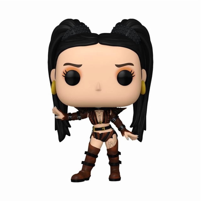 Funko Pop! Rocks: Bella Poarch - Bella Poarch (Inferno) Vinyl Figure showing a front-facing vinyl figure with black hair in two high ponytails, wearing a brown and black strappy outfit with a gold belt, large yellow hoop earrings, and detailed tattoos on chest and thigh, suitable for collectors of bobble heads and vinyl figures.