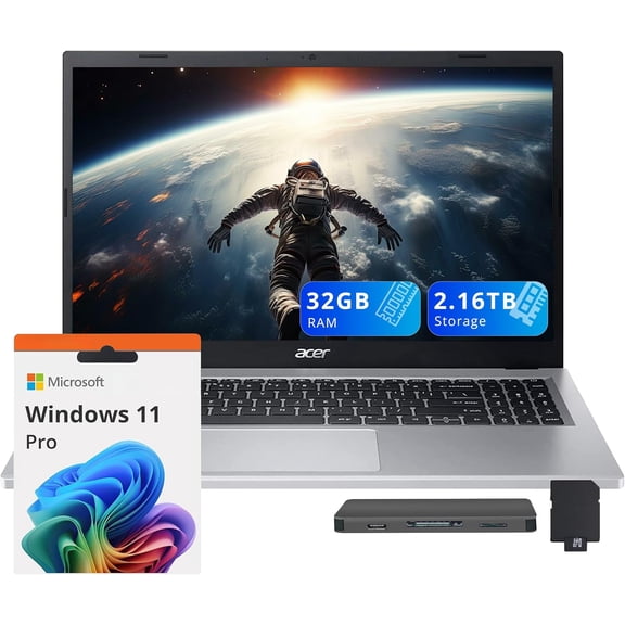 acer Aspire 3 15.6" FHD Laptop, AMD Ryzen 5 7430U, 32GB RAM, 2.16TB Storage(2TB SSD+160GB Docking Station Set), AMD Radeon Graphics, Backlit Keyboard, HD Webcam, Wi-Fi 6, Windows 11 Pro, Silver