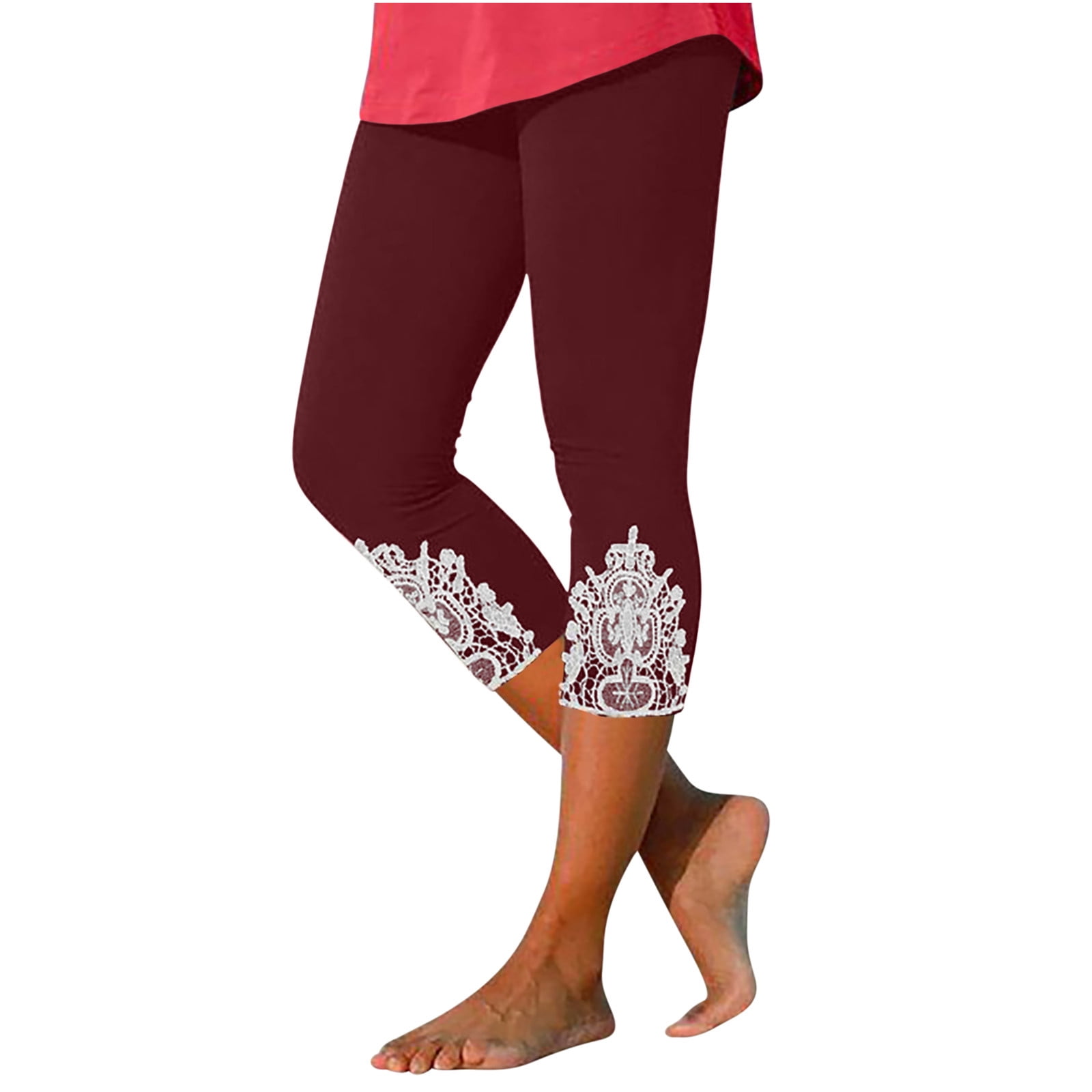 QATAINLAV Leggings Capri for Women, Summer Lace Patchwork Womens Workout Yoga Leggings 2024 Tummy Control High Waisted Cropped Leggings Best Sales Today Wine XL