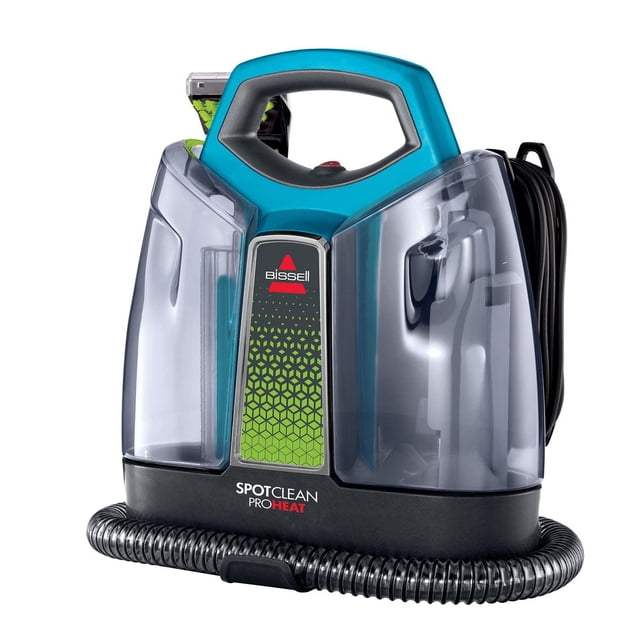 SpotClean ProHeat® Portable Carpet Cleaner by BISSELL with a teal handle and transparent dual tanks for clean and dirty water, featuring HeatWave Technology for consistent heated cleaning, a coiled black hose at the base, and a compact design ideal for carpets, upholstery, stairs, and auto interiors.