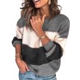thumbnail image 1 of Femmes Pull Couleur Bloc Rayé Haut Col Rond Pull Rond à Manches Longues Chemisier, Gris, M, 1 of 5