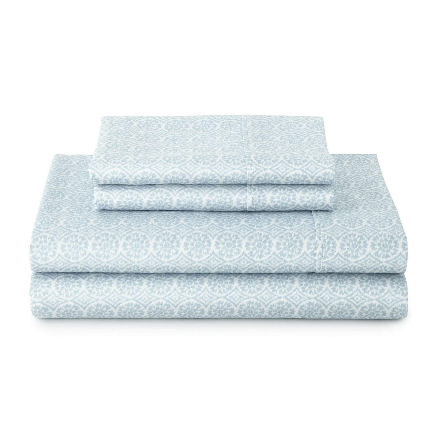 Better Homes & Gardens Ensemble de draps en satin de coton 300 fils, 4 pièces – Eau bleue Suzani, Très grand lit (King)