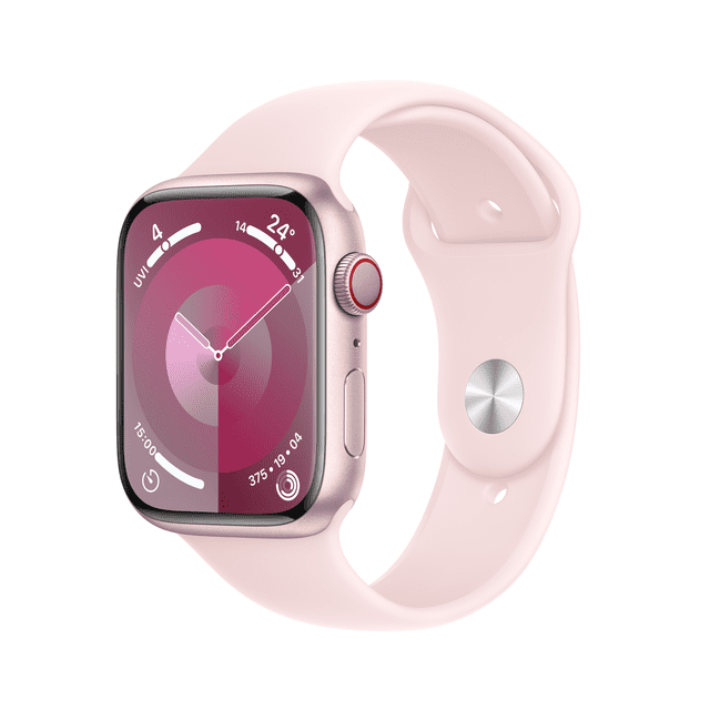 Apple Watch Series 9 GPS + Cellular 45mm with pink aluminum case and light pink sport band, shown in a 3/4 front view displaying a pink circular watch face with temperature, UV index, and activity rings, featuring a red-ringed digital crown and side button on a white background, ideal for fitness tracking and smart notifications.