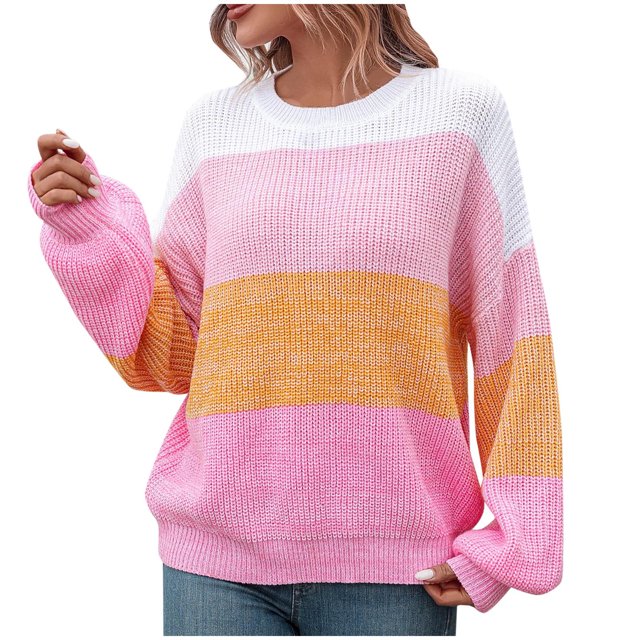 Yuyuzo Pull de Mode pour les Femmes Col Rond Manches Longues Lanterne Pull-Over Couleur-Bloc Patchwork Ample Tops