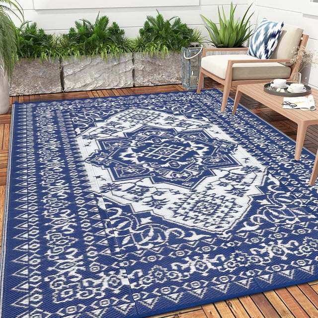 GlowSol 9x18 Outdoor Rug Waterproof Carpet Patio Rug Indoor Outdoor Area Rug Reversible Rug for Picnic Beach Deck-Outdoor, Dark Blue/White