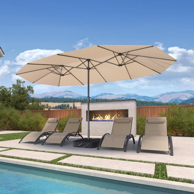 PURPLE LEAF 15ft Patio Umbrella with Base Included Double-Sided Rectangle Outdoor Umbrella Table Market Umbrella with Crank for Backyard Pool Garden Deck, Khaki