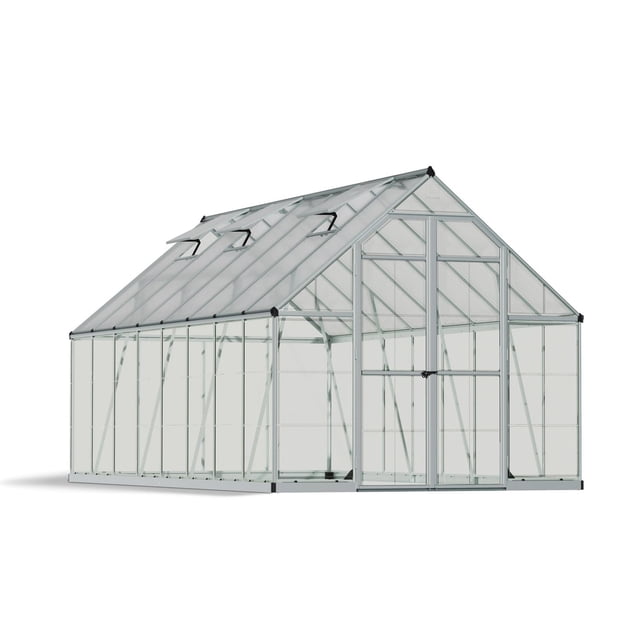 CANOPIA by PALRAM Balance 8 ft. x 16 ft. Greenhouse Kit - Silver featuring a rust-resistant silver aluminum frame and clear UV-protected polycarbonate panels, pitched roof with three vents, and double door entry, suitable for walk-in gardening and plant growth.