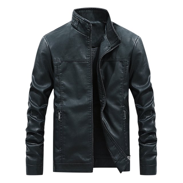 Mens Autumn Fashion Pure Color Stand Collar Imitation Leather Jacket Coat
