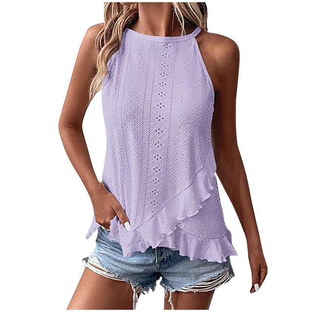 VEKDONE Halter Tops for Womens Summer Sleeveless Hollow Out Ruffled Tank Tops Solid Color Loose Breathable Lounge Vests Purple Large